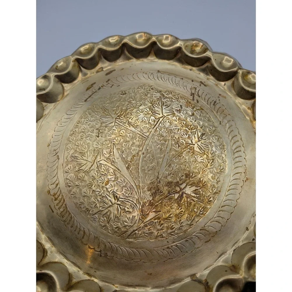 Vintage Etched Brass Large Round Tray Table Top 12